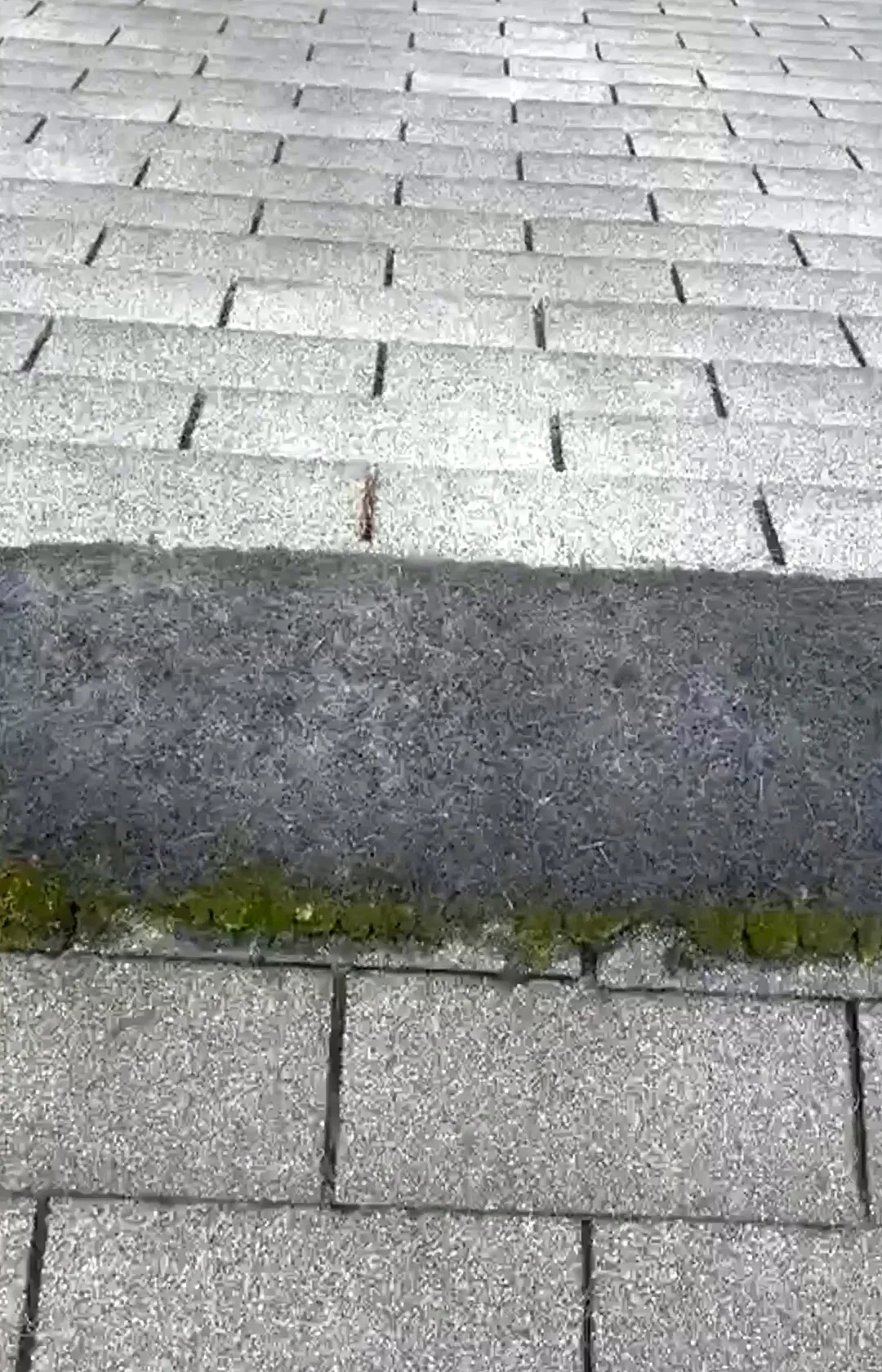 Old roof before replacement: worn gray shingles and a weathered ridge cap with moss along its edge